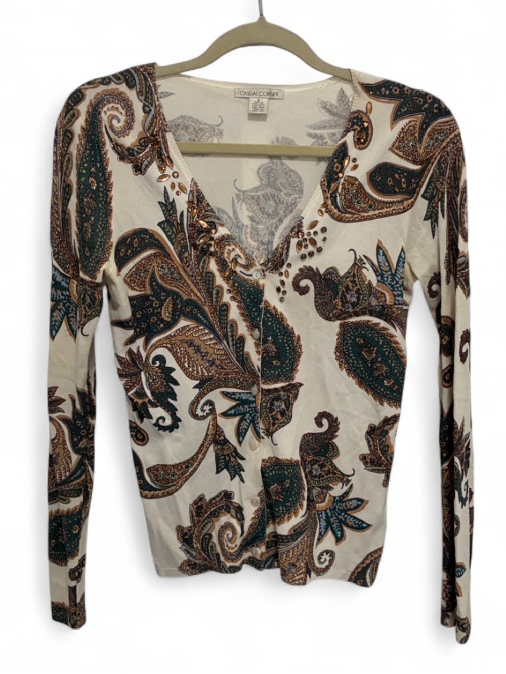 Vintage Casual Corner Paisley Print Embellished Lightweight Cardigan